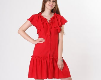 Linen frilled dress mini red, Off-shoulders dress , Frilled summer dress, Short Sleeve Mini Dress with Ruffles, Bridesmaid robes red