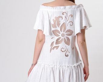 Linen cutwork embroidered mini dress "Wonderflower" white Off-shoulders dress Floral open back dress light linen dress Ruffled linen dress