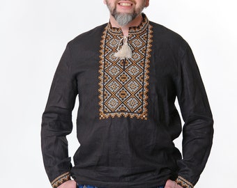 Ukrainian Men Vyshyvanka Shirt: Traditional  Ethnic pattern | black linen outfit |  Ukrainian t shirt