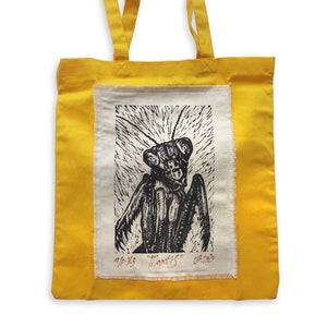 "Tote Bag ""Mantis"" , Linolschnitt gedruckt, Tasche, Insekt, handgemacht, Insekt, Festival Tasche, Geschenk."