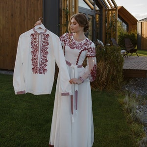 Ukraine vyshyvanka dress &quot;Firebloss&quot; with upper embroidered skirt and pair men vyshyvanka shirt  set Ukrainian embroidered sleeves  dress