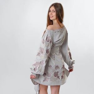 Linen embroidered dress &quot;Viburnum&quot; (Kalyna) mini gray, Ukrainian ethnic custom dress, gray shades on gray embroidery, gift for women