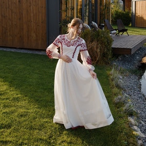 Ukraine vyshyvanka dress &quot;Firebloss&quot; with upper embroidered skirt and pair men vyshyvanka shirt Ukrainian embroidered sleeves  dress