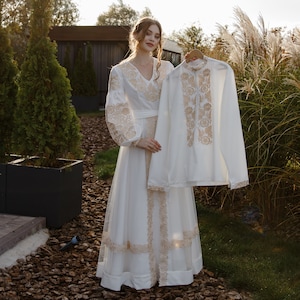 Ucrânia vyshyvanka casamento par conjunto &quot;Firebloss&quot; com saia bordada superior e par homens vyshyvanka camisa, presentes exclusivos para casal