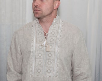 Men's Ukrainian Vyshyvanka Shirt, Beige Linen, Folk Embroidery, Long Sleeve Gazda Shirt