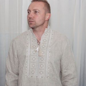 Ukrainian Men traditional  vyshyvanka shirt &quot;Gazda&quot; (&quot;Master&quot;), pure uncolored linen, ethnic pattern, folk shirt, gift fo him, Linen shirt