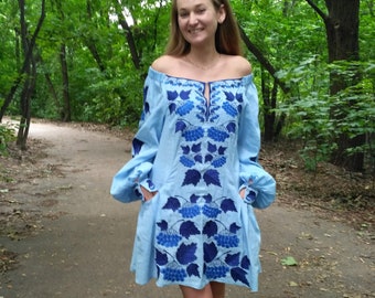 Linen embroidered dress "Viburnum" (Kalyna) mini blue, Ukrainian ethnic custom dress