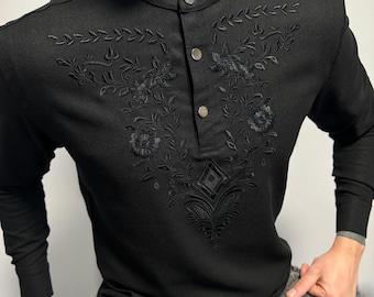 Men traditional Ukrainian vyshyvanka shirt linen black, ethnic pattern, black on black embroidery, white on white embroidery, Malyar top