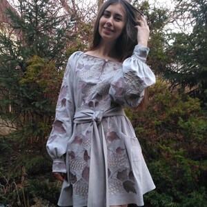 Linen Embroidered Dress viburnum kalyna Mini Gray, Ukrainian Ethnic ...