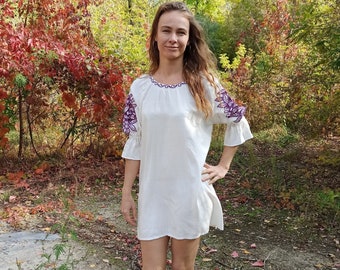Linen tunic cutwork embroidered white,  Floral  linen dress, Short prom dress, Ukrainian resort dress, Summer light dress