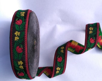 Jacquard ribbon trim roll 25 m, black and green red yellow embroidery trim, Ukrainian ethnic ribbon,  width 1,2"