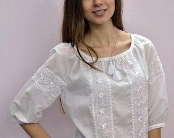 Batiste embroidered blouse, white on white ward pattern,  traditional cross stich embroidery, Ukranian ethnic pattern, summer vyshyvanka