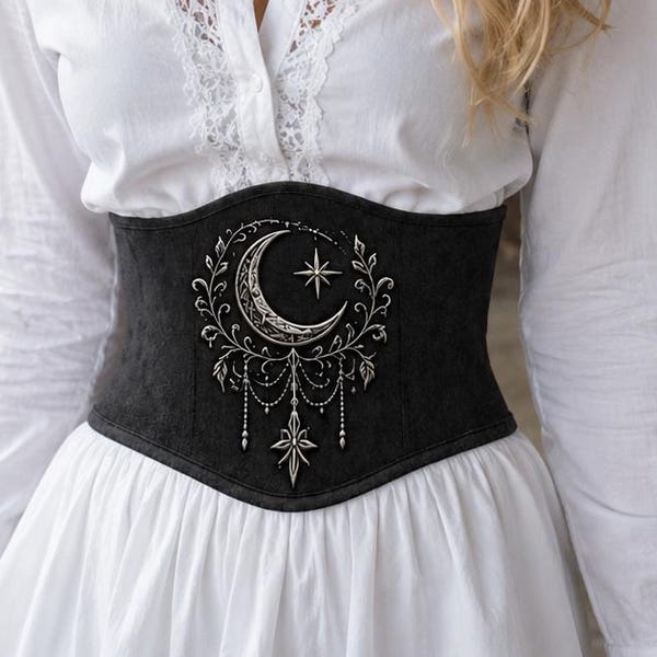 Embroidered Linen Corset Belt, Gothic Waist Cincher, Dark Academia Accessory