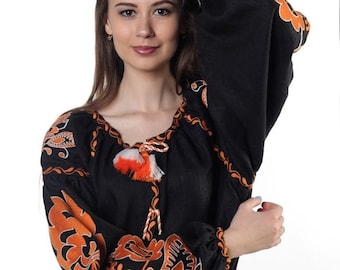 Linen embroidered dress "Boho chik" maxi black  Ukrainian ethnic custom dress orange embroidery, Maternity dress for photo shoot