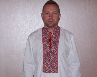 Ukrainian Men's traditional  vyshyvanka shirt, geometrik  ethnic pattern, white half cotton, red embroidery, Ukrainian t shirt