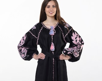 Linen embroidered dress "Boho chik" maxi black, Ukrainian ethnic custom dress, rose blue embroidery, Maternity dress for photo shoot