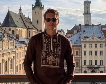 Vyshyvanka brodée marron pour homme, chemise en lin ukrainienne, broderie folklorique moderne, chemise ethnique pour homme, haut Malyar