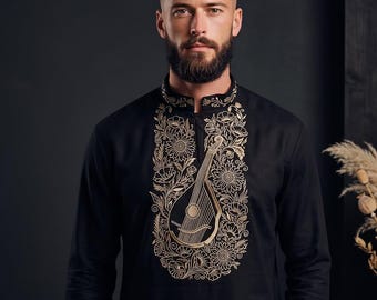 Chemise ukrainienne noire brodée, Vyshyvanka pour homme avec bandoura, chemise folklorique traditionnelle, vêtements inspirés de la musique ukrainienne