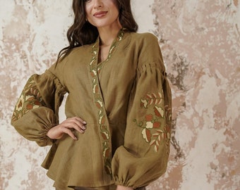 Linen embroidered kimono blouse, Ukranian ethnic pattern, gift for her, mexican embroidered blouse, karate blouse