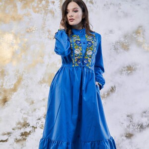 Linen embroidered dress midi, Ukrainian ethnic  dress with traditional embroidery, Vyshyvanka dress Ukrainian