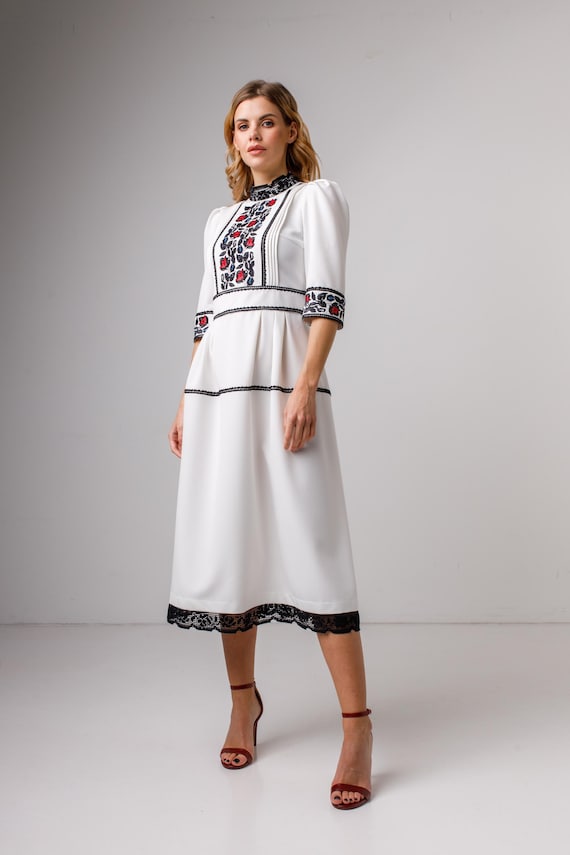 Linen embroidered dress white: Ukrainian ethnic outfit with swall embroidery | Peasant dress | Vyzerunok dress | Gift for Her | Boho dress