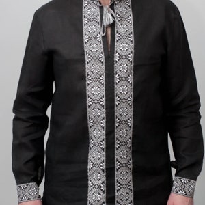Men traditional Ukrainian vyshyvanka shirt &quot;PanskA&quot;  ethnic pattern, black linen, Gift for him, folk shirt Ukraine, linen man top