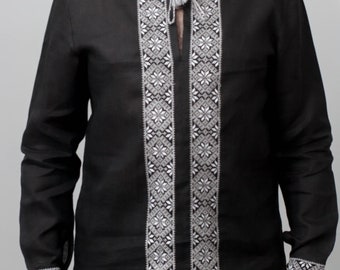 Men's traditional Ukrainian vyshyvanka shirt "PanskA"  ethnic pattern, black linen