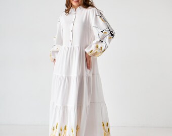 Vestido blanco de lino bordado, vestido largo maxi de manga larga, estilo ucraniano Vyshyvanka, vestido Vyzerunok