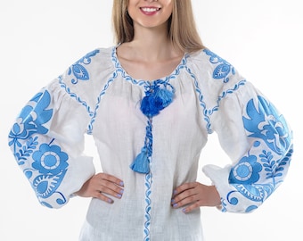 Linen embroidered blouse "Boho chick"  kaftan, blue embroidery, vyshyvanka blouse kyiv,   Ukraine embroider blouse