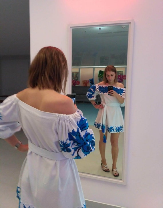 White Linen Embroidered Mini Open Shoulders Dress, Blue Embroidery, Gift  for Women, Light Summer Dress, Maternity Dress for Photo Shoot - Etsy  Australia
