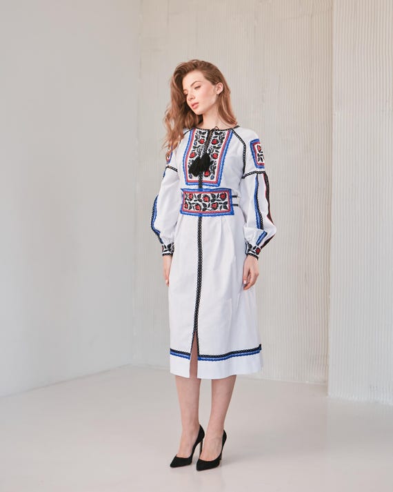 Linen Embroidered Dress White Ukrainian Ethnic Dress With Swall Embroidery  | Peasant Dress | Vyzerunok Dress | Gift for Her | Boho Dress