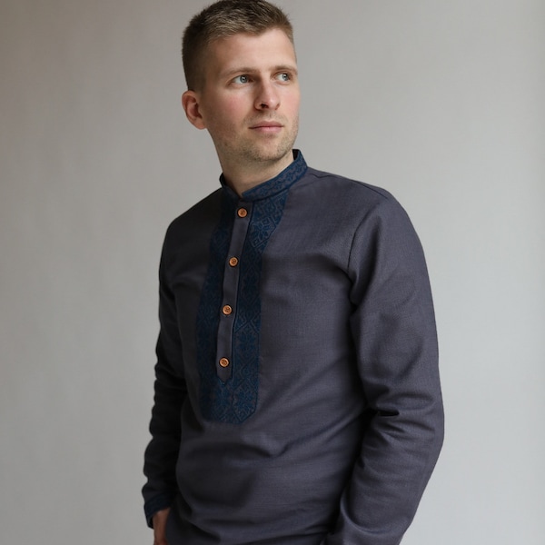 Black men's traditional Ukrainian cotton vyshyvanka shirt, ethnic pattern, black on black embroidery