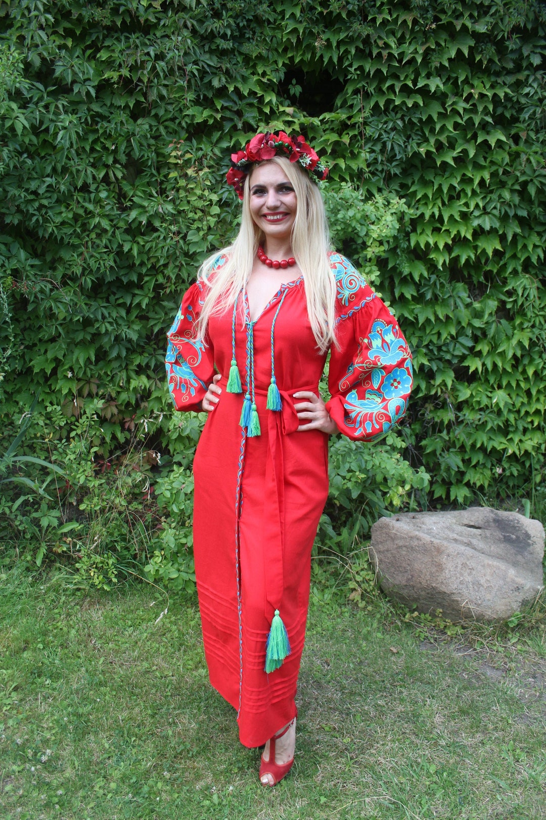 Linen Embroidered Dress birds Maxi Red Ukrainian - Etsy