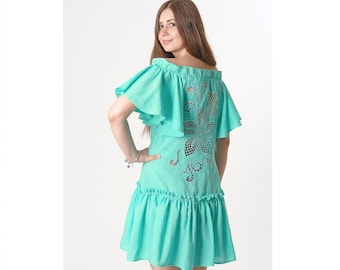 Linen cutwork embroidered mini dress "Wonderflower" green, off-shoulders dress , Floral open back dress, light linen dress, frilled dress