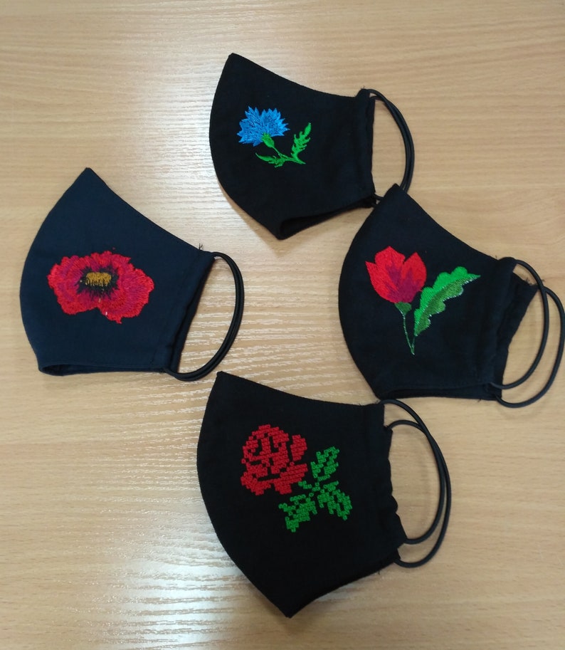 Flower Popy Mask Poppy Flower Embroidered Face Mask: Black Cotton Reusable Mask - Etsy