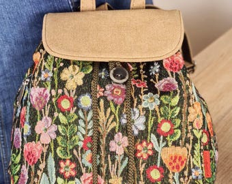 Embroidered Denim Backpack, Ukrainian Folk Tapestry, Boho Floral