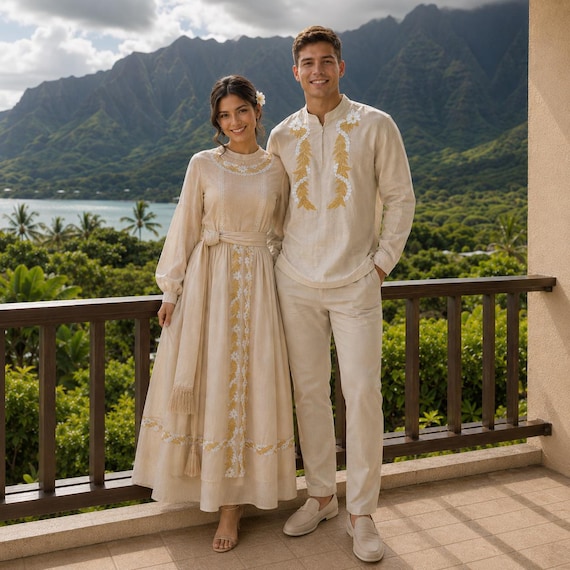 linen dress shirt beach wedding Hawaiian Set, Embroidered and | Matching Couple Outfit | Tropical Wedding Attire this button nonpreview Black dresses for graduation Colors:Blue July
