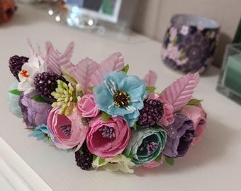 Ukraiński diadem ze sztucznymi kwiatami | Tiara z kwiatów | Kwiaty do włosów | Opaska ślubna | Kwiatowy wianek ślubny w stylu boho | Prezent dla niej