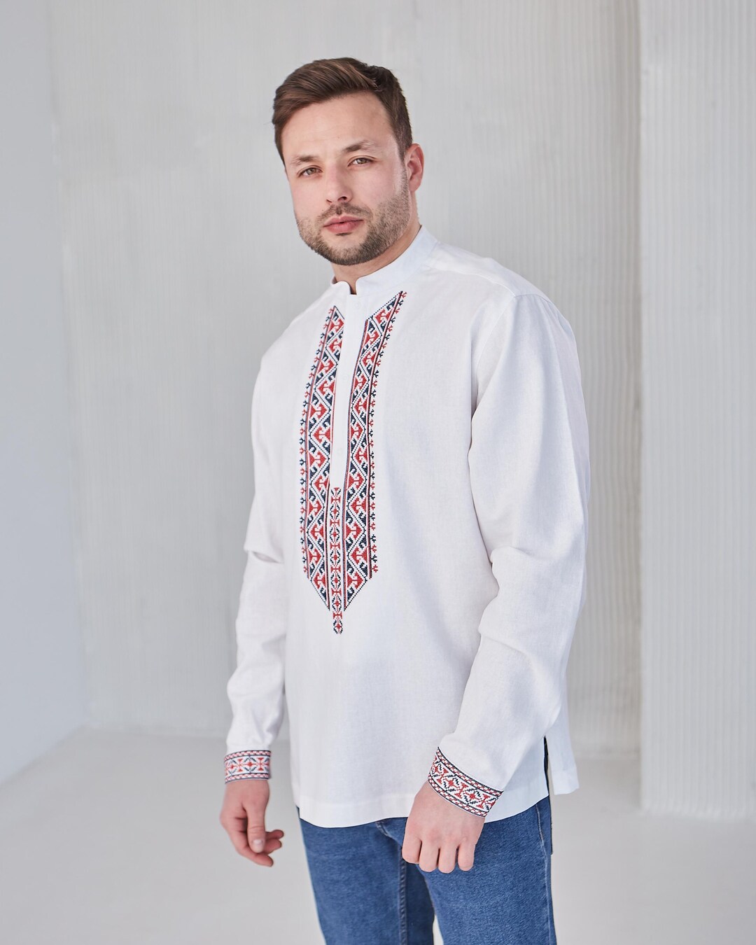 Vyshyvanka Men's Ukrainian Embroidery White Blue Yellow Linen SHIRT size S-4XL e Vyshyvanka Men's Ukrainian Embroidery White Blue Yellow Linen SHIRT size S-4XL e