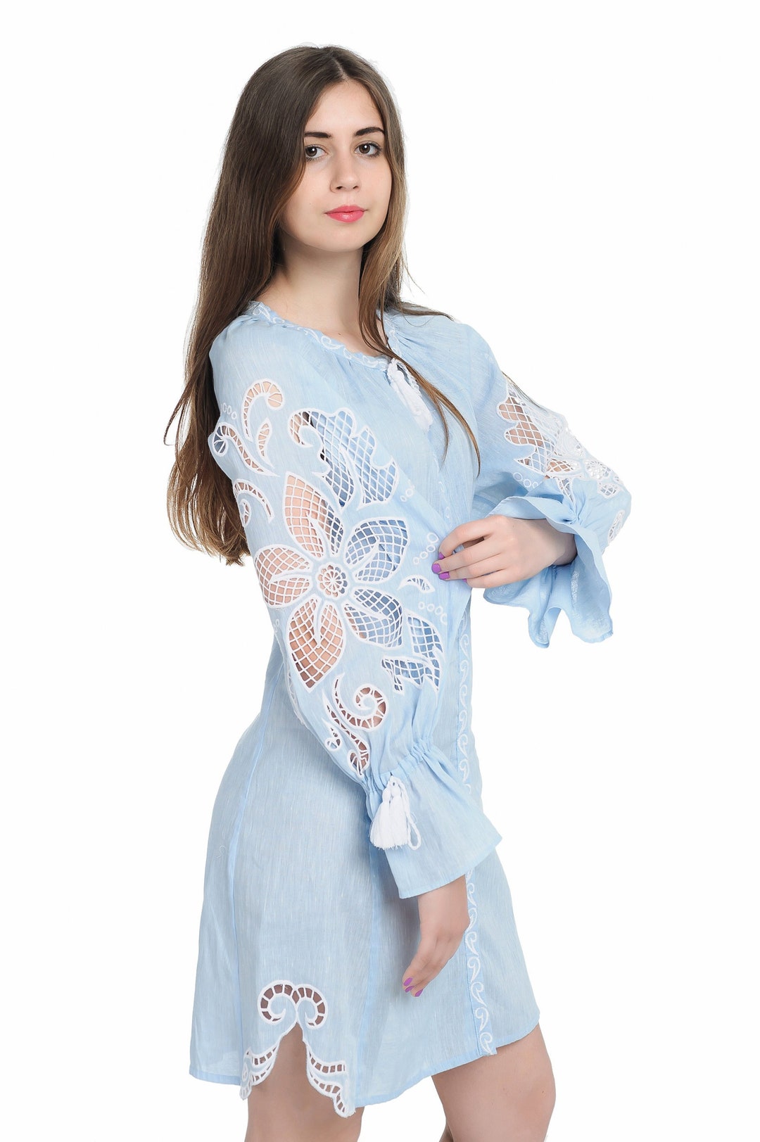 Buy Hand Cutwork Embroidered Linen Mini Dress wonderflower Light Blue ...