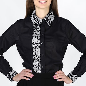 Modern Ukrainian women  vyshyvanka   blouse black, white embroidery, office embroidered blouse, smart casual blouse, Gift for her