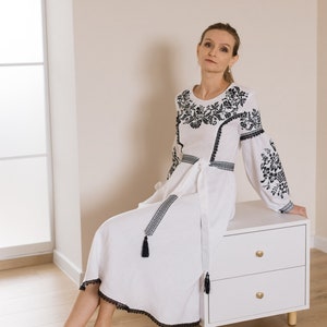 Ukraine vyshyvanka dress &quot;Falcon&quot; maxi white,   Ukrainian chiffon sleeves linen dress    embroidery  gift for women, light summer dress