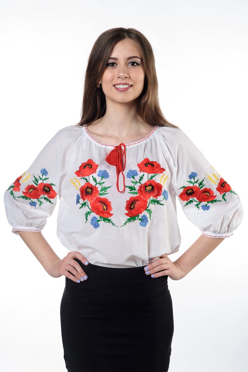 Ukranian ethnic pattern Batiste embroidered blouse Poppy flowers traditional multycolour satin stich embroidery summer vyshyvanka