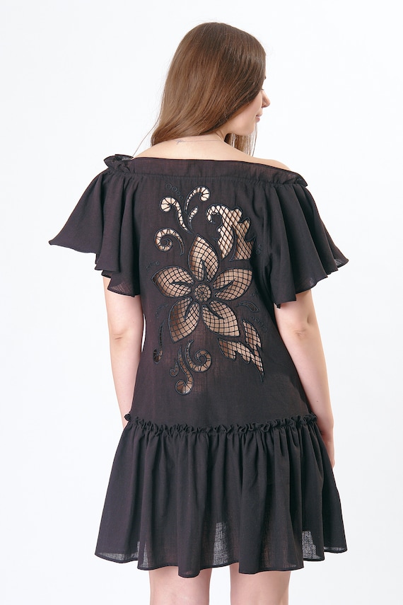 Linen Cutwork Embroidered Midi Dress wonderflower Black, Off