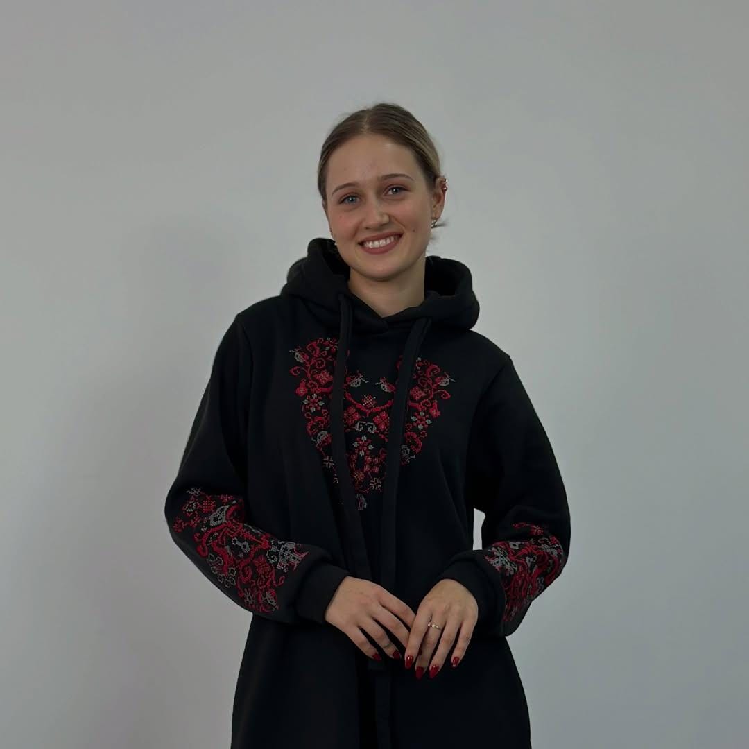 Embroidered Hoodie Dress – Black Vyshyvanka Style, Red Floral