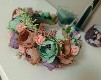 Ukraiński diadem ze sztucznymi różami | tiara kwiatowa | Kwiaty do włosów | Opaska ślubna | Kwiatowy wianek ślubny w stylu boho | Prezent dla niej