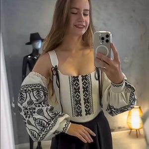 Embroidered corset crop top with wide embroidered , sleeveless vyshyvanka corset blouse,   renaissance corset top and skirt set