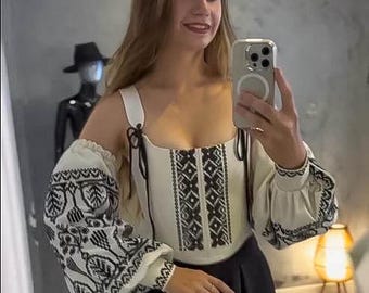 Corset Crop Top with Wide Embroidered  Sleeveles | Vyshyvanka corset blouse |   Renaissance corset top and skirt set