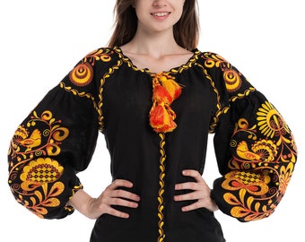 Linen embroidered blouse "Life tree" black kaftan with multycolour embroidery, vyshyvanka blouse kyiv, elven dress