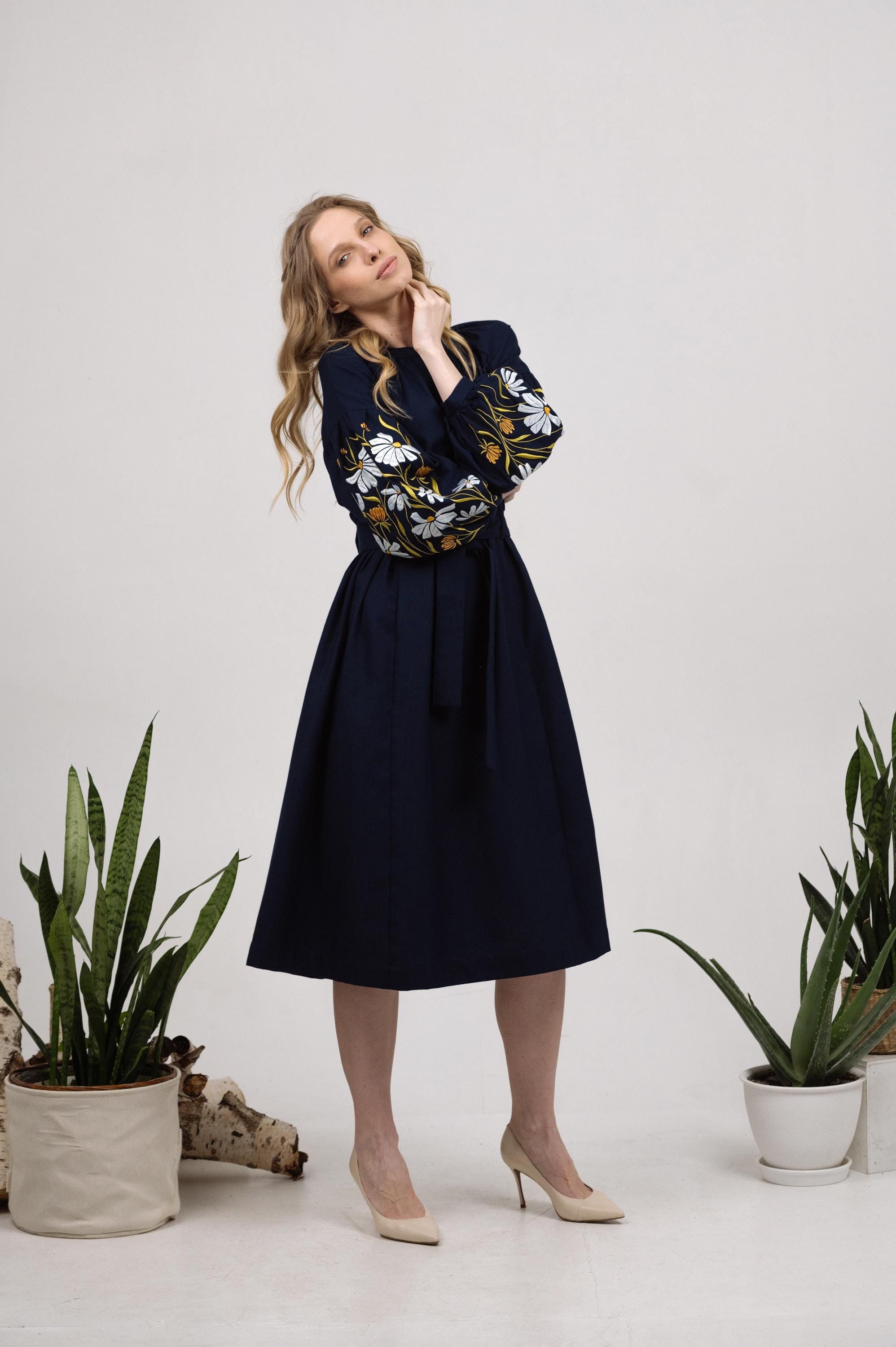 Ukrainian Embroidered Midi Dress Navy | Ukrainian Ethnic Dress White ...